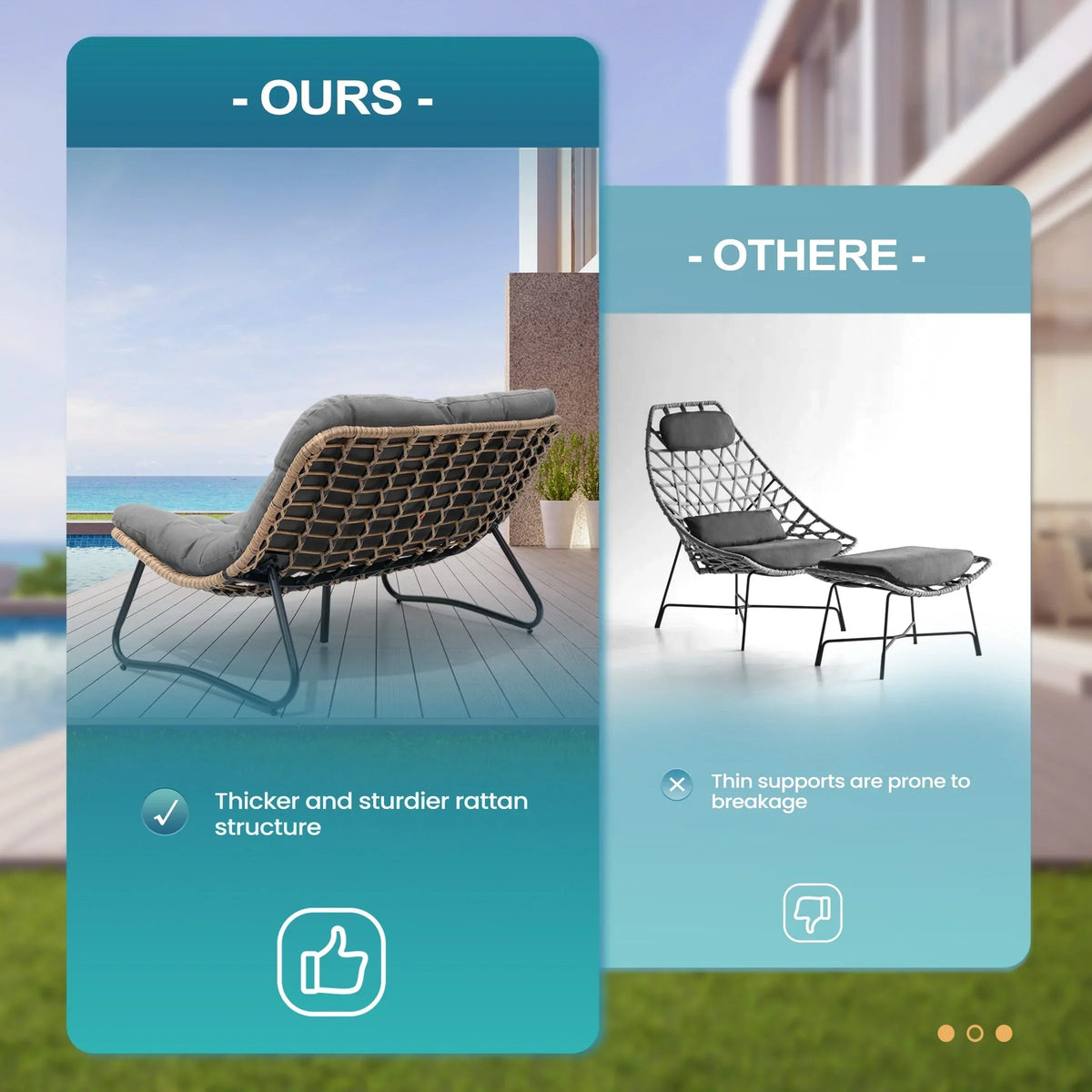 Dubbele papasan-loveseat met kussen, weerbestendig PE-rotan en metalen frame voor binnen en buiten