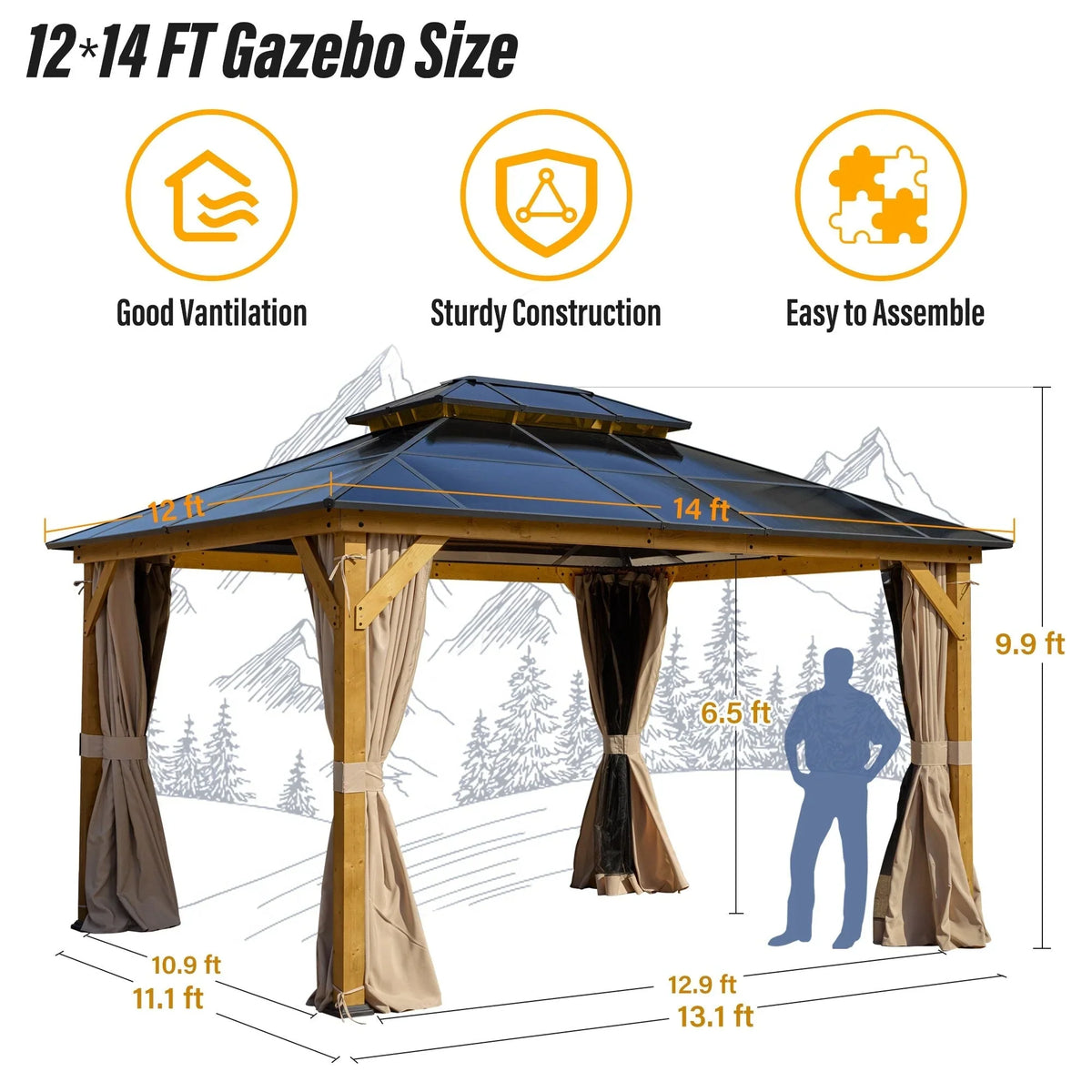 EROMMY prieel met hard dak, pergola voor buiten met dubbel dak, netten en gordijnen, robuuste overkapping voor terras, achtertuin en zwembadfeestjes