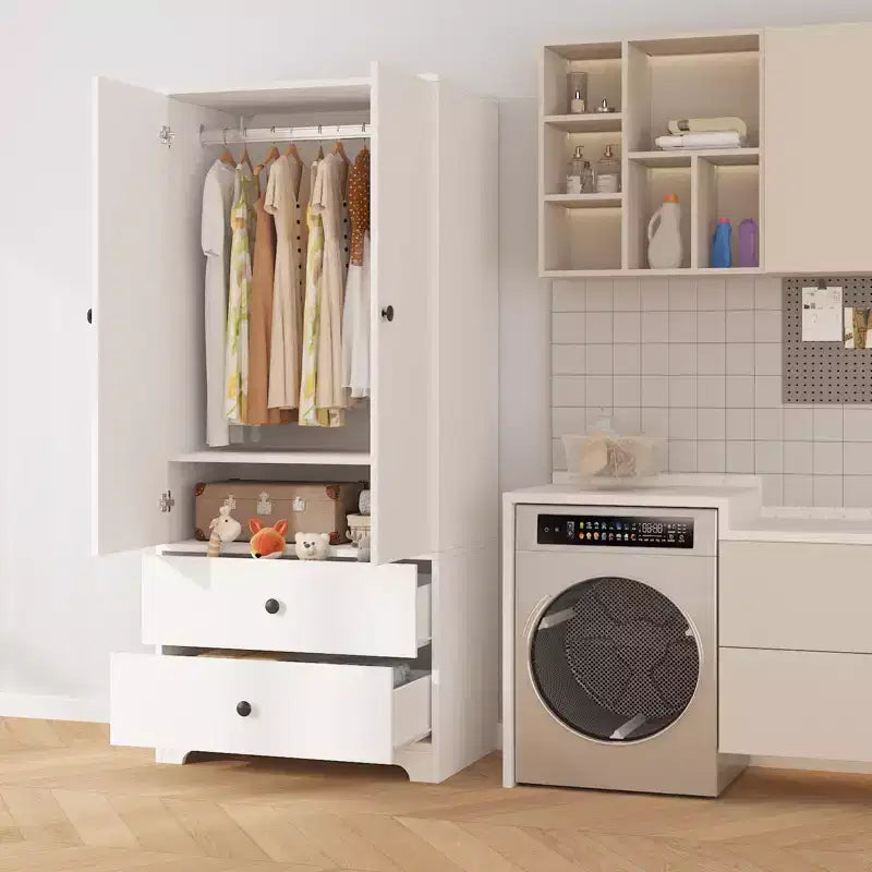 Moderner Kleiderschrank aus Holz für das Schlafzimmer, 71 Zoll, mit 2 Türen, 2 Schubladen, verstellbaren Einlegeböden, Kleiderstange und Stauraum