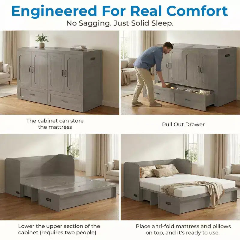 Mjkone umwandelbares Murphy-Schrankbett in Queen-Size mit Matratze, USB-Ladefunktion und Aufbewahrungsschubladen