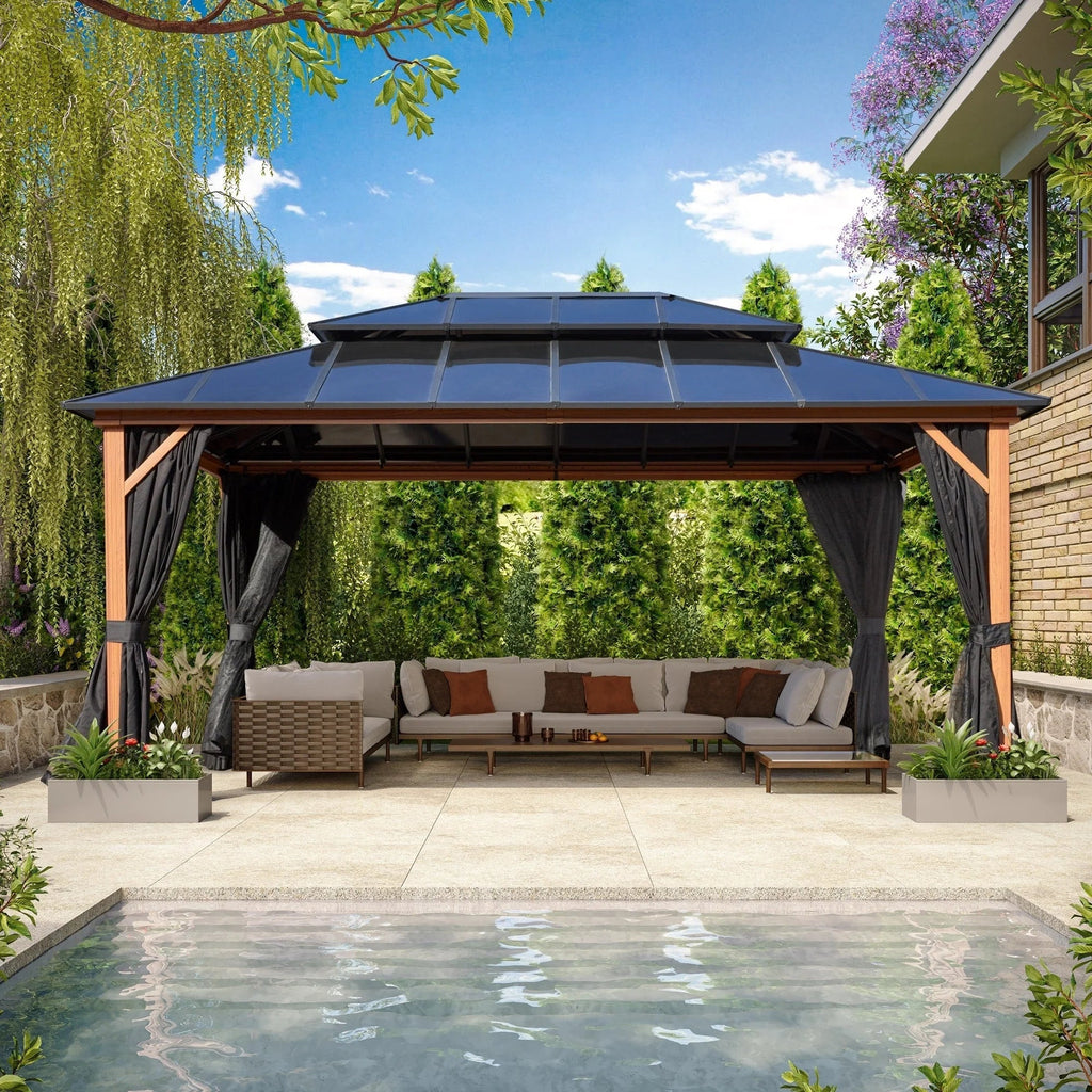 EROMMY prieel met hard dak, pergola voor buiten met dubbel dak, netten en gordijnen, robuuste overkapping voor terras, achtertuin en zwembadfeestjes