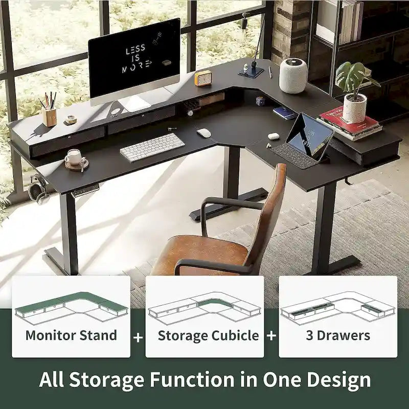Bureau électrique assis-debout en L avec 3 tiroirs et roulettes verrouillables, 63