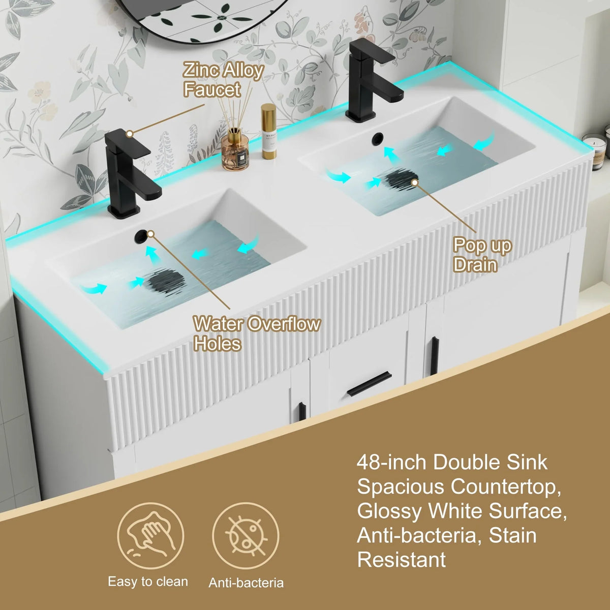 Conjunto de móvel de casa de banho Wavy Line 30/36/48 com lavatório e torneira
