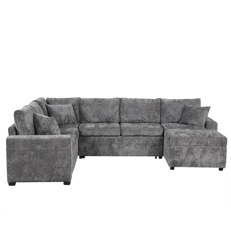 Ecksofa aus Chenille, ausziehbares Schlafsofa in L-Form mit Aufbewahrungshocker, 3 Kissen und Ladegeräten