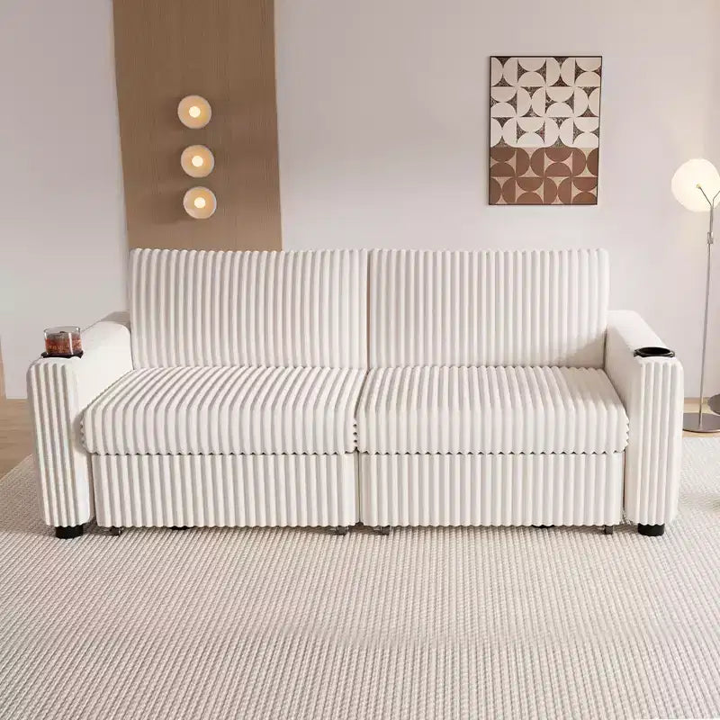 Dyonery 91: narożna sofa z funkcją spania, wysuwanym łóżkiem, rozkładanym oparciem, dwoma wysuwanymi łóżkami, portami USB i uchwytami na kubki, z miękkiego sztruksu