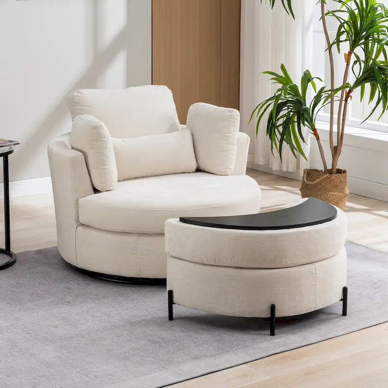 Fauteuil d’appoint pivotant rembourré de 42,3W avec 4 coussins et pouf de rangement demi-lune