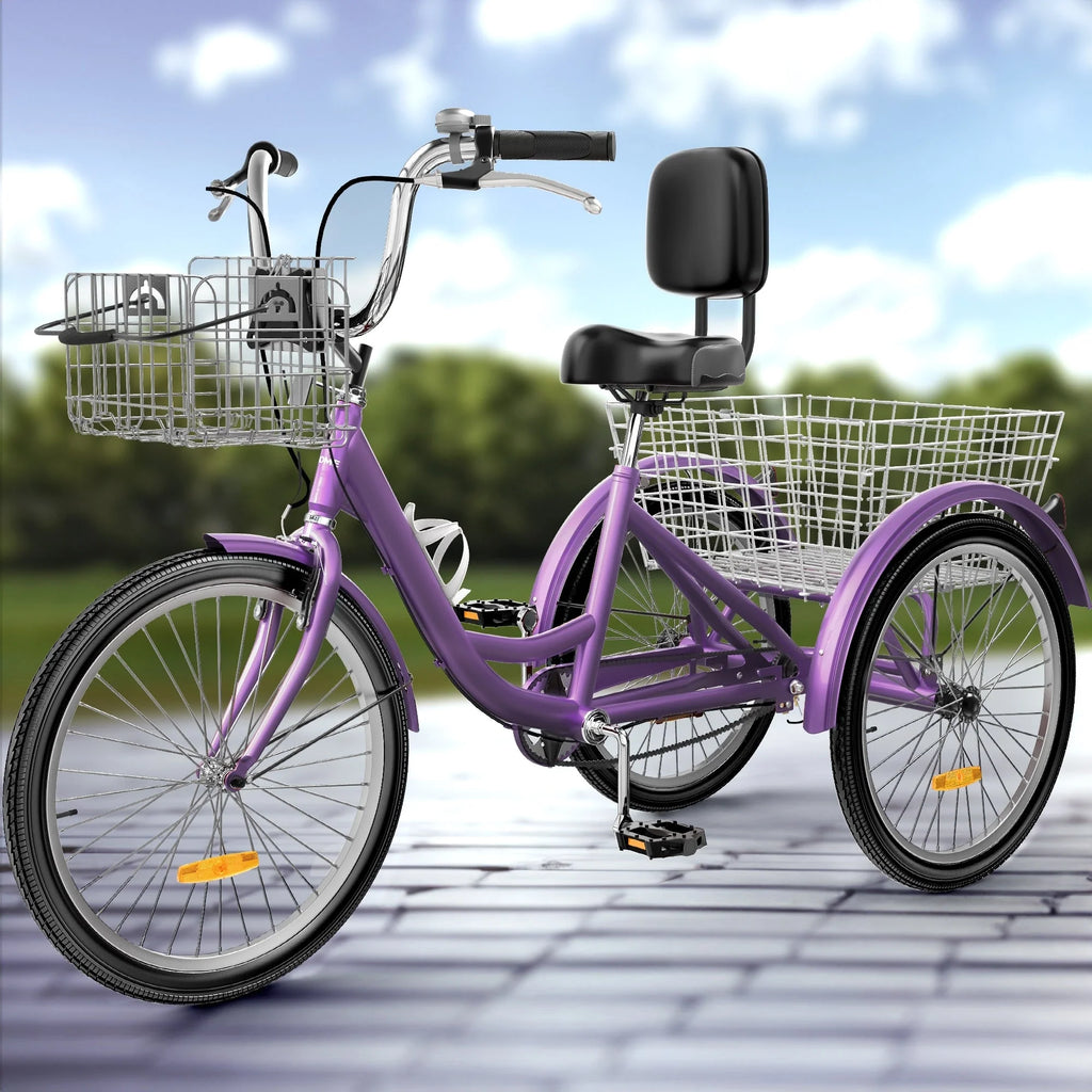 Triciclo blu per adulti da 26", bicicletta a 3 ruote con cestini rimovibili