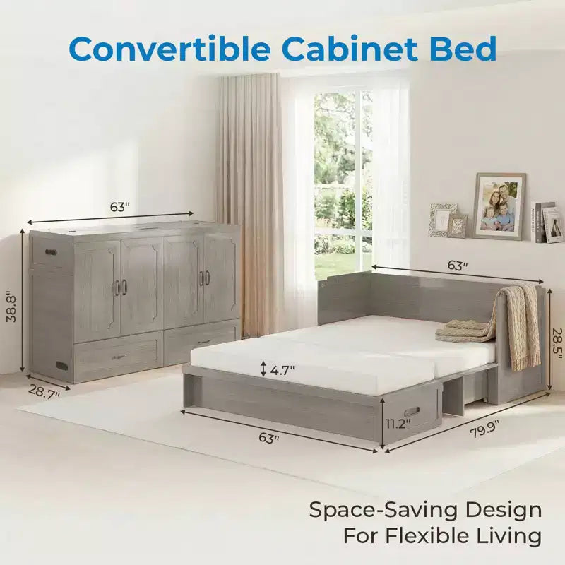 Mjkone umwandelbares Murphy-Schrankbett in Queen-Size mit Matratze, USB-Ladefunktion und Aufbewahrungsschubladen
