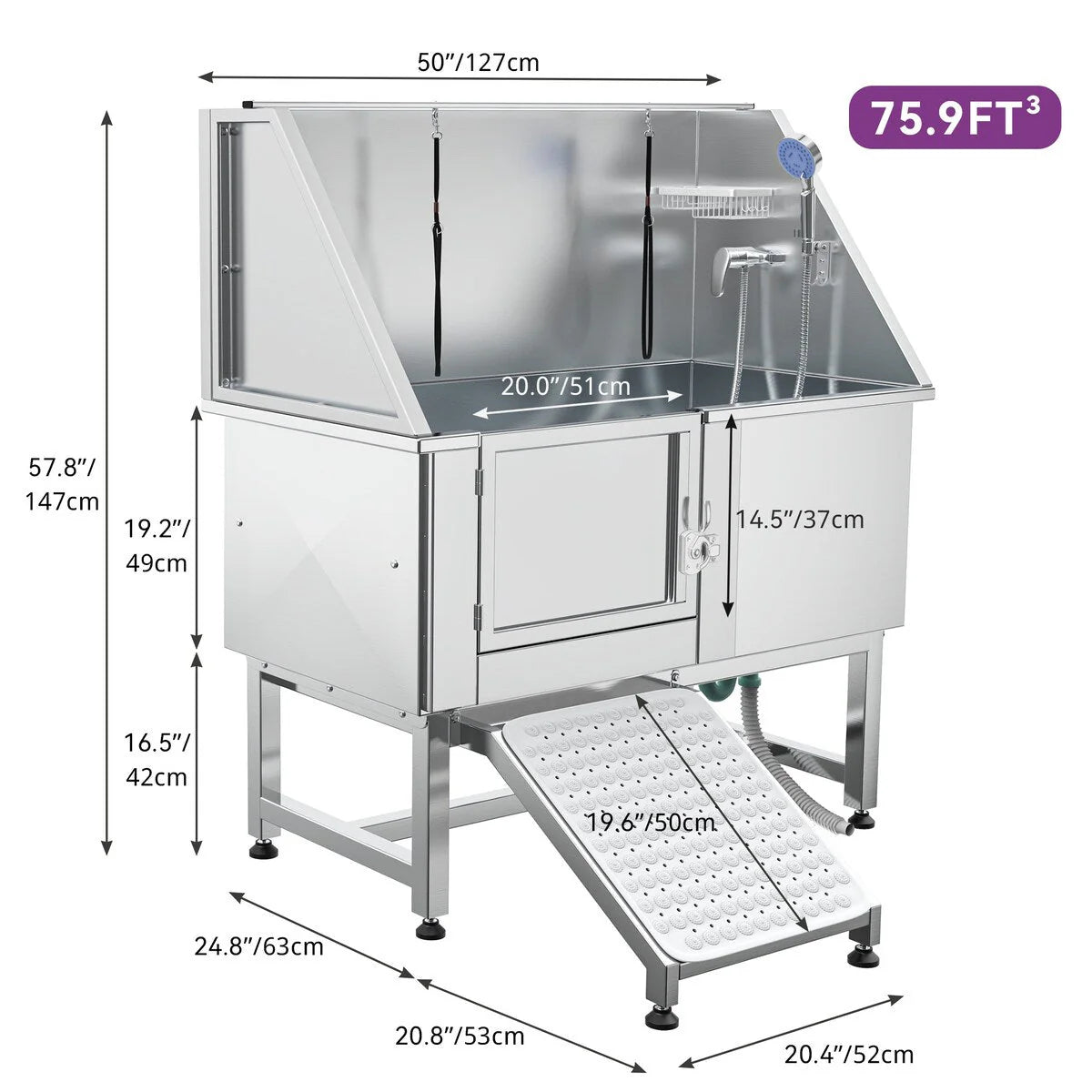 Vasca regolabile in acciaio inox da 50" W per toelettatura degli animali domestici con rampa a gradini