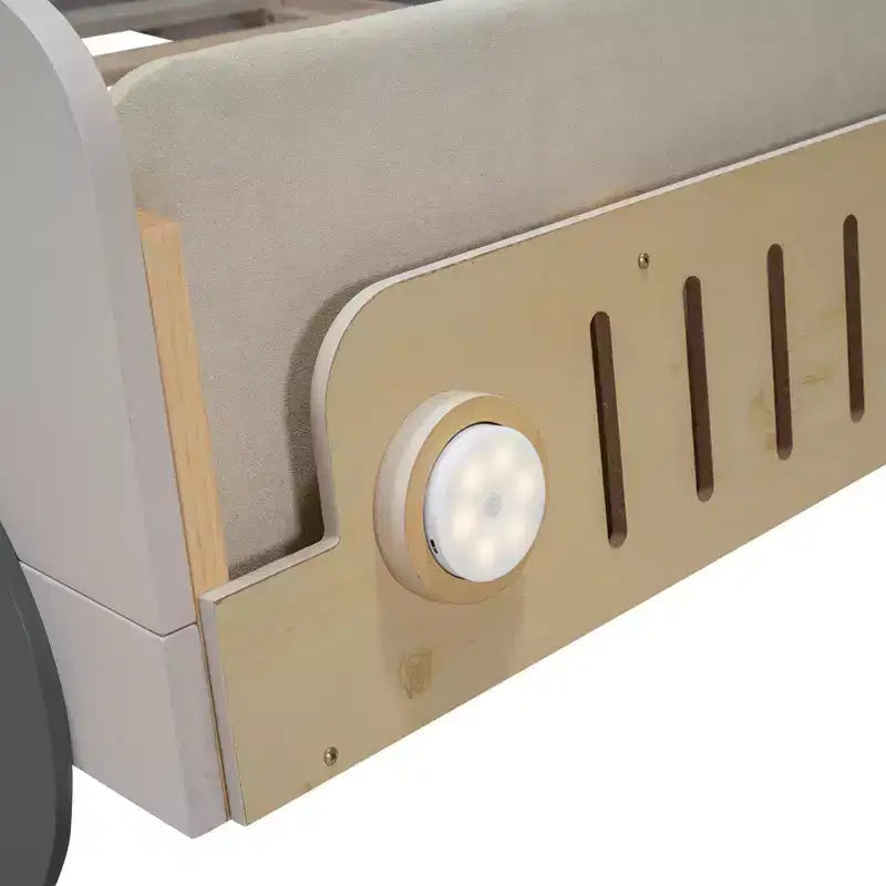 Whisen-Holzbett in Autoform mit Kissen, Deckenstoff und LED – Natur