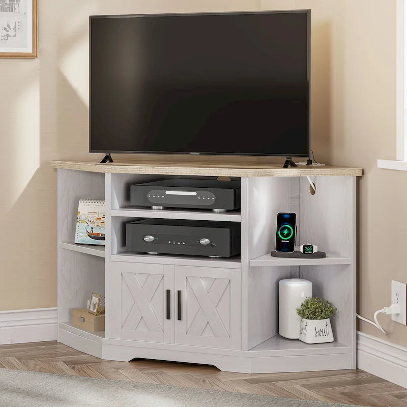 Eck-TV-Ständer im Landhausstil, Entertainment-Center und Medienkonsole für Fernseher bis 55 Zoll mit Steckdose
