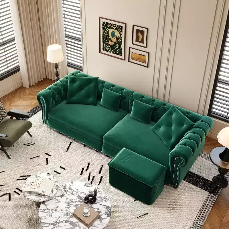Rozkładana sofa 3 w 1 Whisen Velvet typu king-size z ruchomym podnóżkiem i pikowanym wzorem