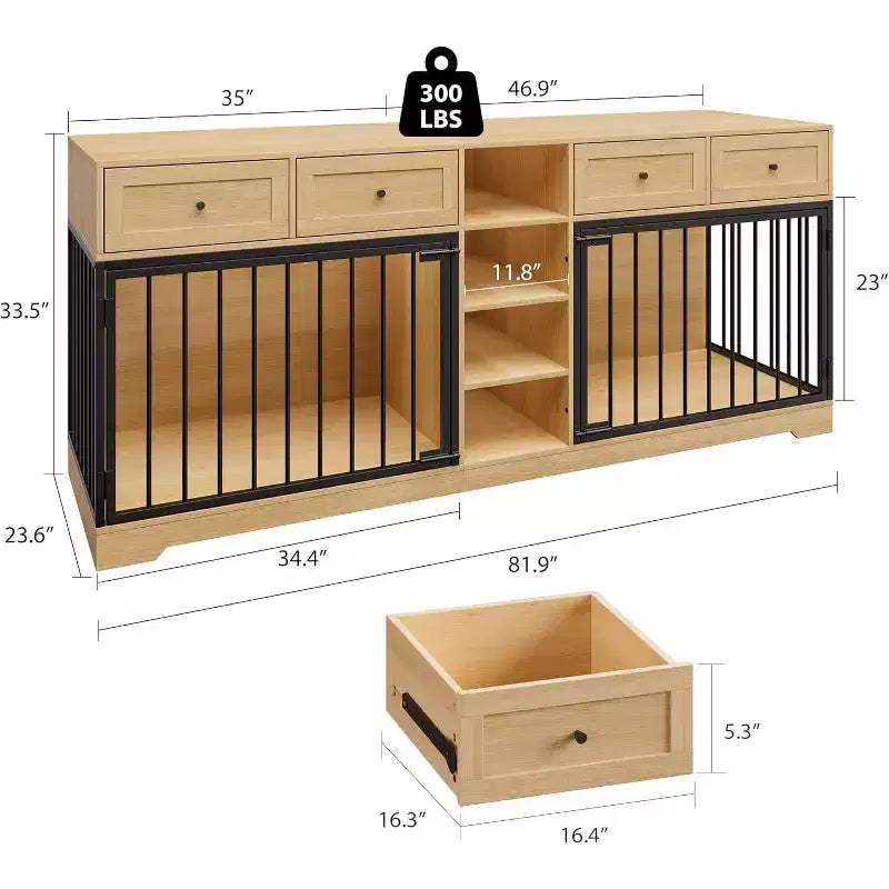 82-delige dubbele hondenbench, grote binnenkennel voor 2 honden, robuuste houten hondenbench en tv-meubel met 4 laden en planken