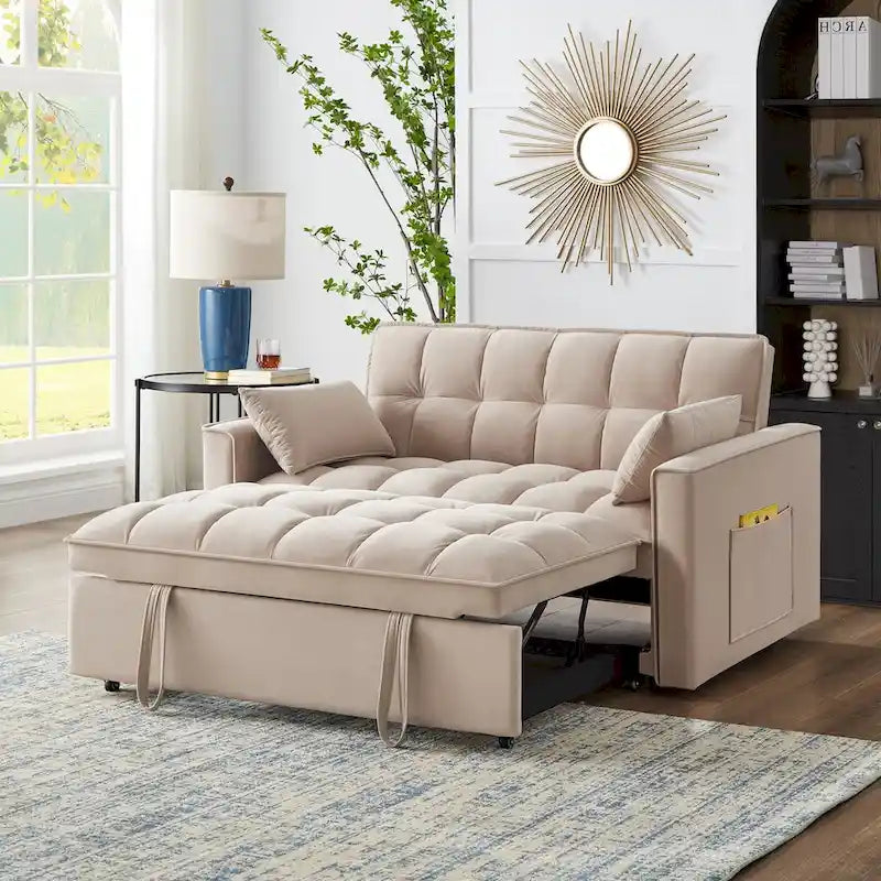 Sofá-cama de 2 lugares 4 em 1 com braços e bolsos de arrumação, sofá-cama extraível multifunções com encosto ajustável