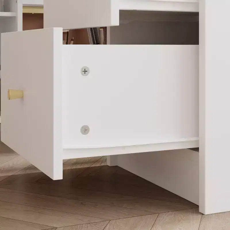 Tavolo bianco per manicure con aspiratore per la polvere integrato, vetrina in vetro temperato, maniglie dorate, postazione per salone di bellezza, toeletta e tavolo per il trucco