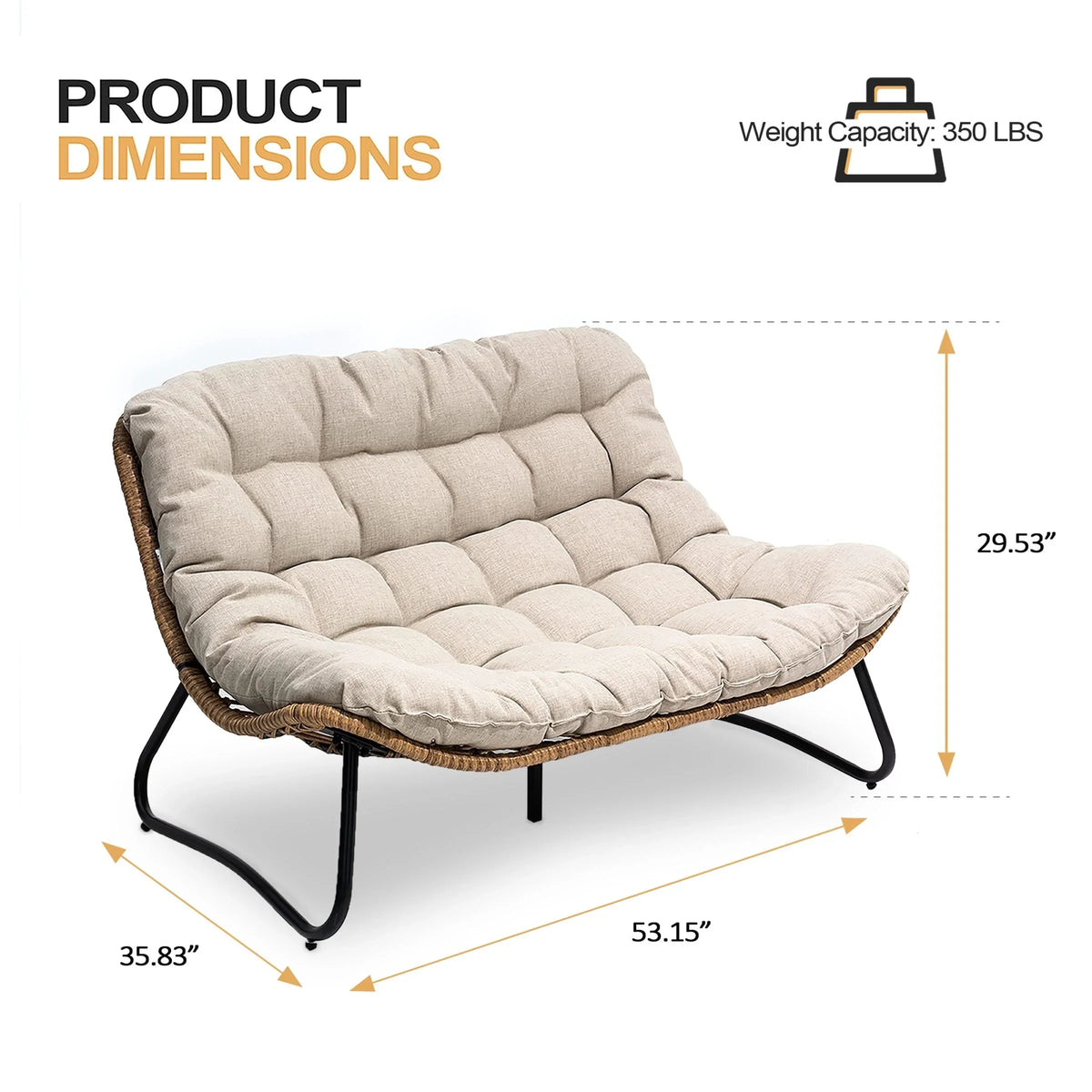 Dubbele papasan-loveseat met kussen, weerbestendig PE-rotan en metalen frame voor binnen en buiten