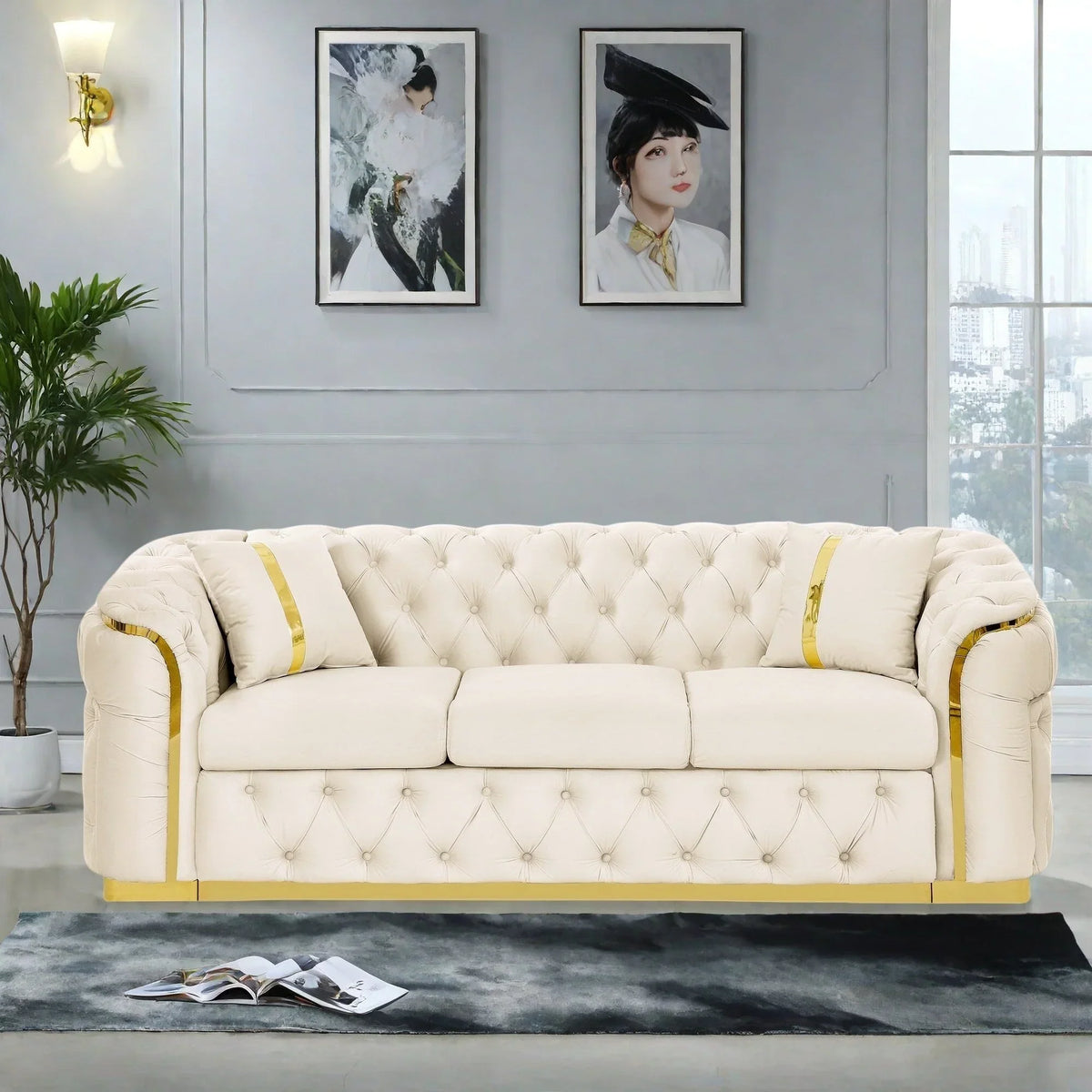 90.6 Velvet 3-Seater Sofa with 2 Pillows High-Density Cushions, Gold Accents, and Pillows