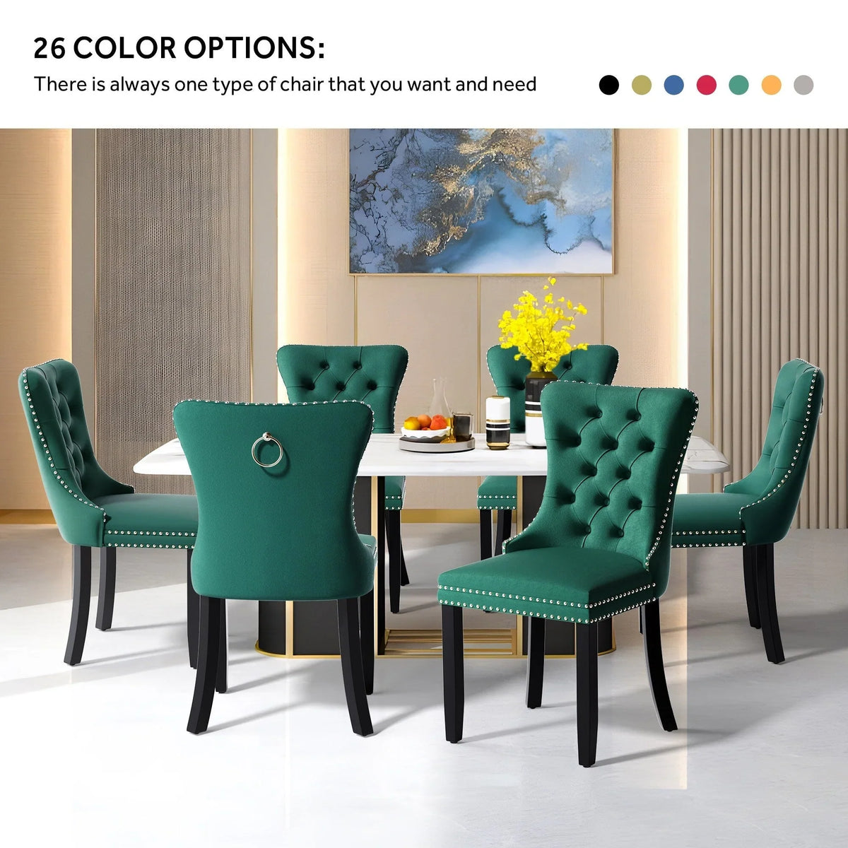 Set di 6 sedie da pranzo imbottite in velluto capitonné con gambe in legno massello