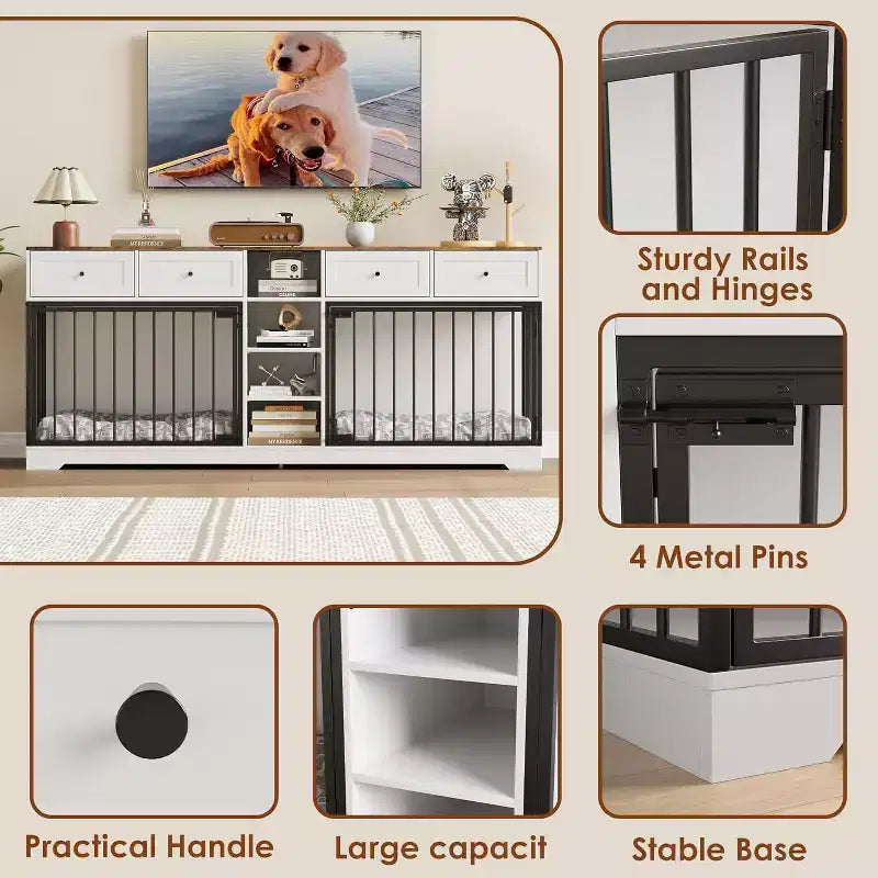 82-delige dubbele hondenbench, grote binnenkennel voor 2 honden, robuuste houten hondenbench en tv-meubel met 4 laden en planken