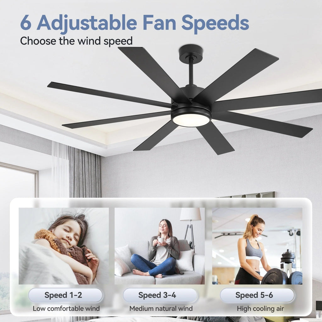 Ventilateur de plafond noir de 65 po à 8 pales avec lumière et télécommande