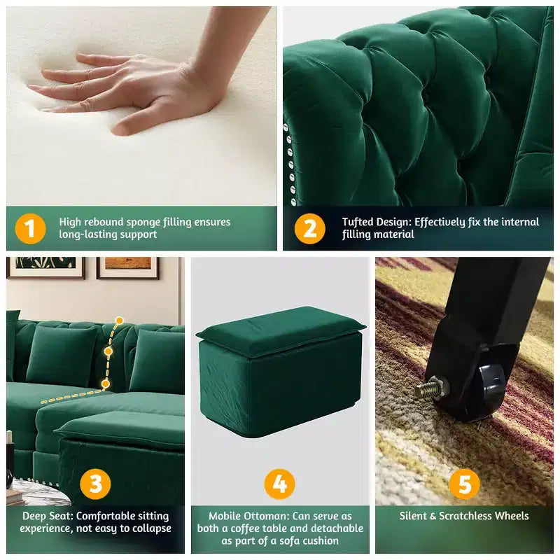 Rozkładana sofa 3 w 1 Whisen Velvet typu king-size z ruchomym podnóżkiem i pikowanym wzorem