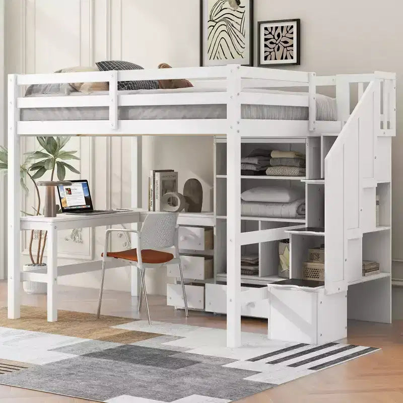 Cama alta de tamanho Twin com secretária em L, 3 gavetas, armário, arrumação nas escadas e estrutura em pinho maciço/MDF
