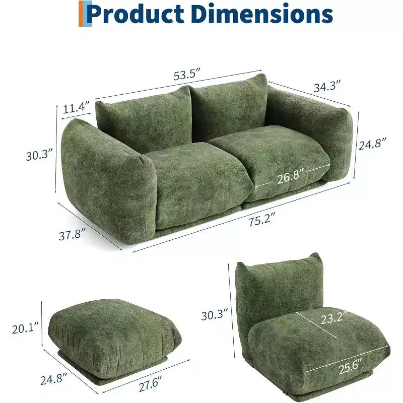 Modulares 2-Sitzer-Sofa aus Chenille-Stoff, Cloud-Sofa mit hoch belastbarem Schaumstoff, kompaktes Sofa ohne sichtbare Füße für kleine Räume