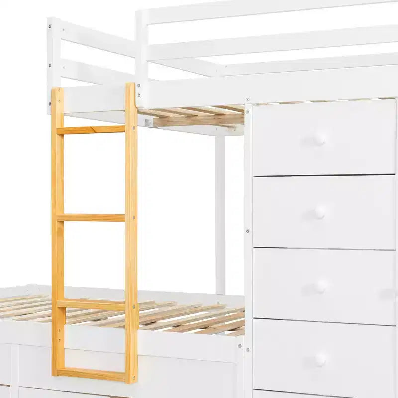Letto a castello matrimoniale su matrimoniale con armadio contenitore e cassetti, letto a castello in legno matrimoniale salvaspazio con sponda di sicurezza per appartamento e camera da letto