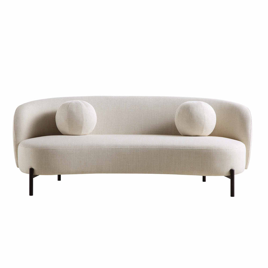 Gebogenes 3-Sitzer-Sofa mit Kugelkissen, beige Leinenmischung