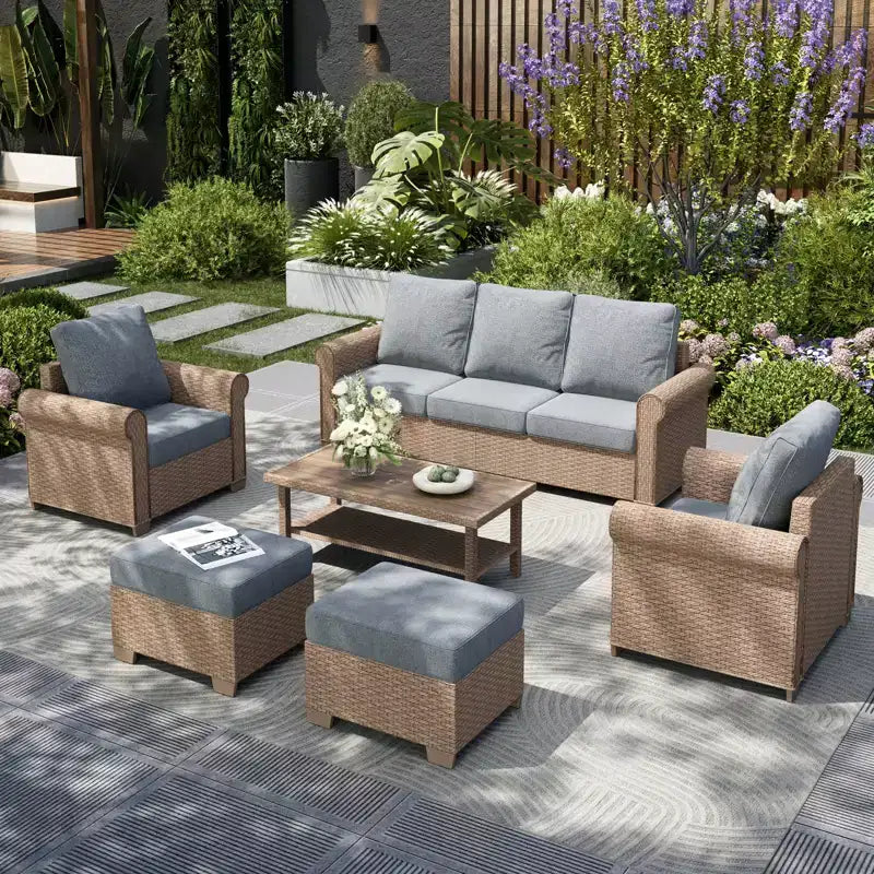 Captiva Designs 6 Piece Luxury Wicker Patio Conversation Sofa Set with Curved Armrests with Cushions