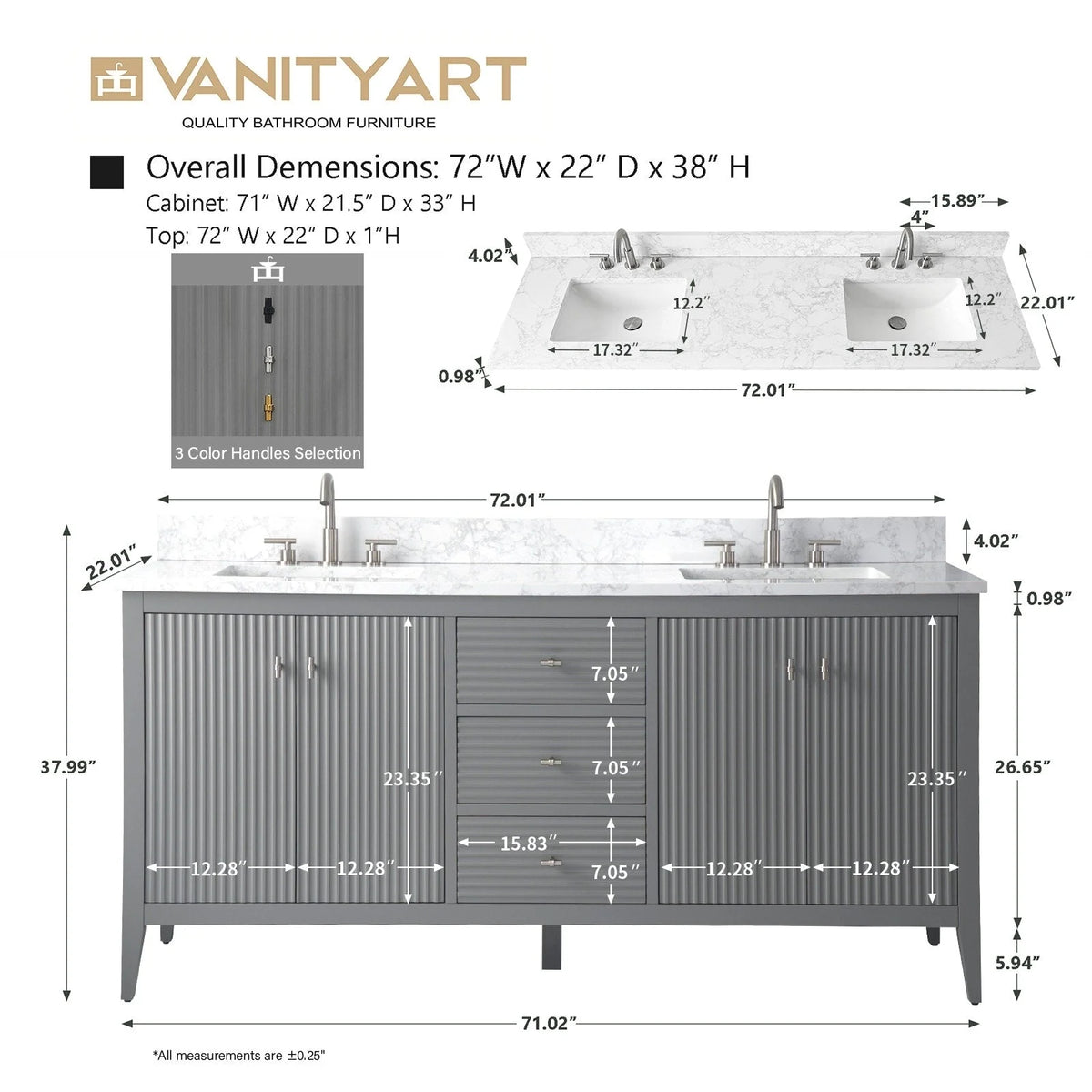 Vanity Art 72 Badezimmer-Waschtischunterschrank mit Doppelwaschbecken und Oberfläche aus Kunstmarmor
