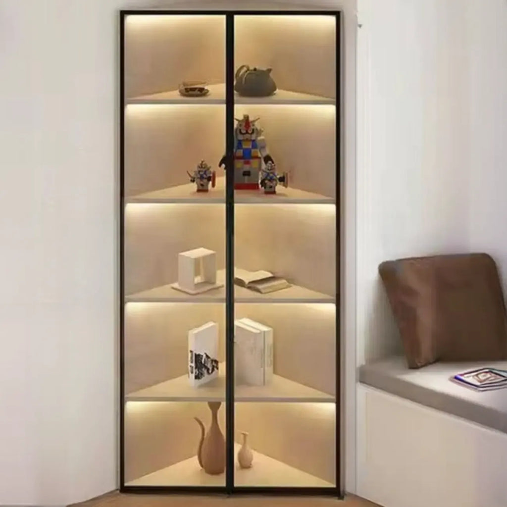 Vitrine de canto moderna em metal e madeira cinzenta com porta de vidro