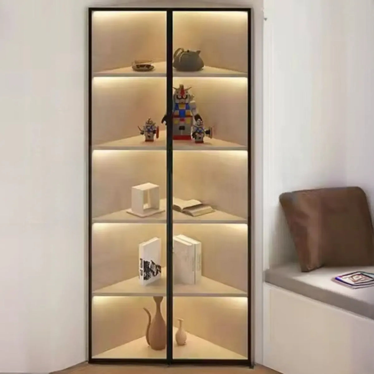 Vitrine de canto moderna em metal e madeira cinzenta com porta de vidro