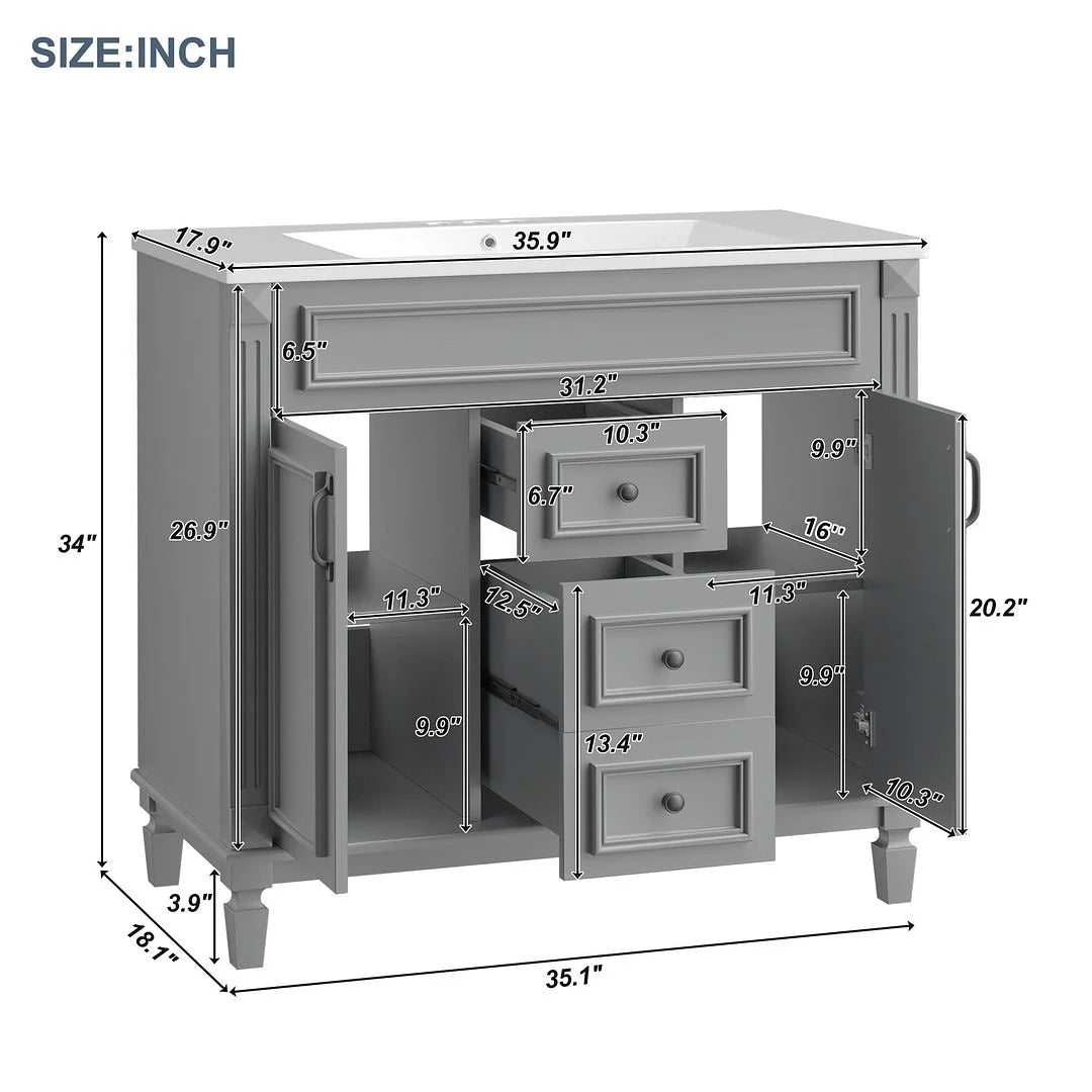 36-Zoll moderner Waschtischunterschrank mit Aufsatzwaschbecken und Spiegelschrank, 2 Türen und 2 Schubladen