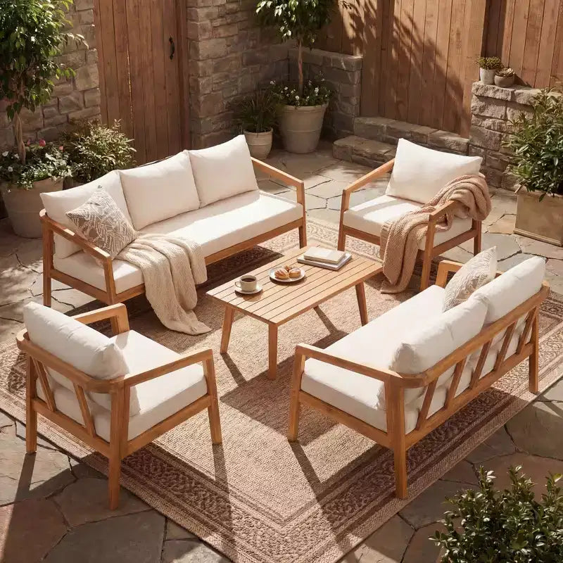 Ensemble de sièges d’extérieur moderne Christopher Knight Home Sunny 5 pièces en acacia, avec table rectangulaire à lattes et 7 places