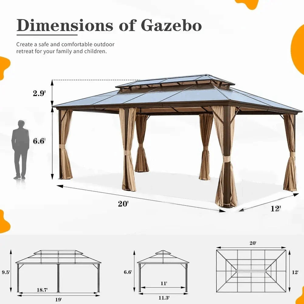 EROMMY prieel met hard dak, pergola voor buiten met dubbel dak, netten en gordijnen, robuuste overkapping voor terras, achtertuin en zwembadfeestjes