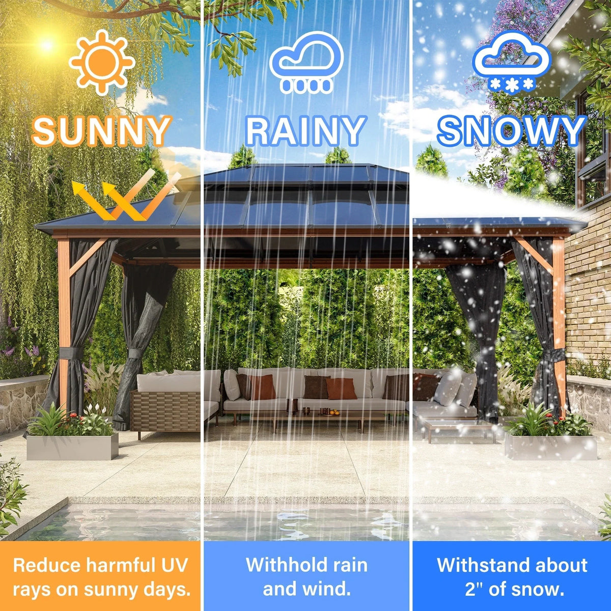 EROMMY prieel met hard dak, pergola voor buiten met dubbel dak, netten en gordijnen, robuuste overkapping voor terras, achtertuin en zwembadfeestjes