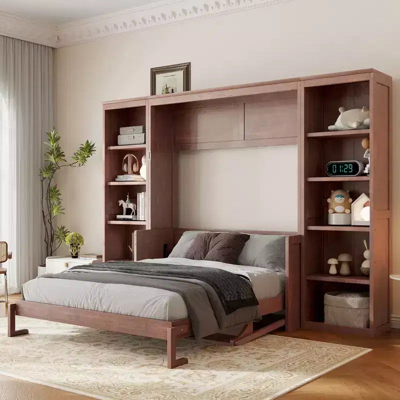 Łóżko składane (Murphy Bed) w rozmiarze Full/Queen, oszczędzające miejsce łóżko ścienne z biurkiem i regałem, ciemny brąz - ModernLuxe