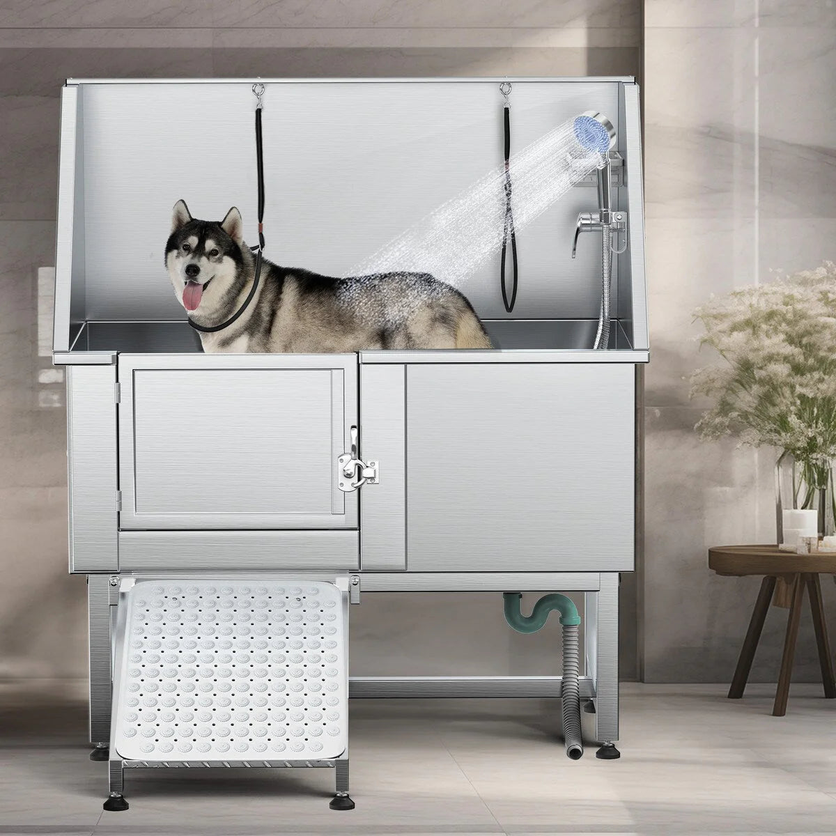 Vasca regolabile in acciaio inox da 50" W per toelettatura degli animali domestici con rampa a gradini