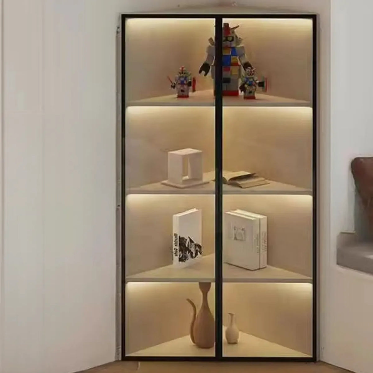 Vitrine de canto moderna em metal e madeira cinzenta com porta de vidro
