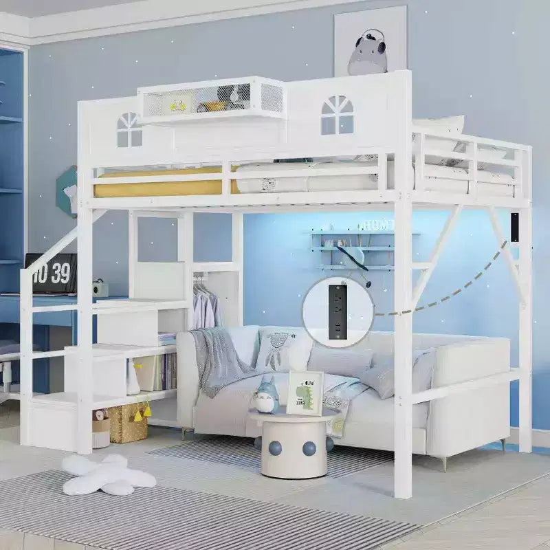 Łóżko na antresoli ModernLuxe Full/Queen ze schodami i wbudowaną szafą, metalowa rama łóżka z oświetleniem LED, stacją ładowania USB i półkami do przechowywania