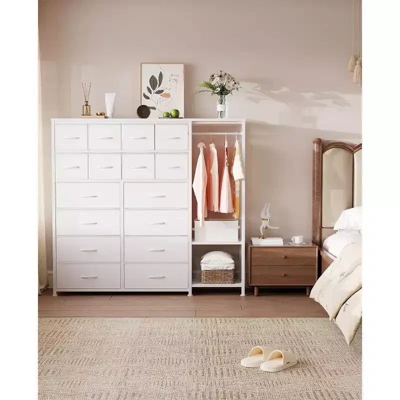 Kommode mit 16 Schubladen, Kleiderstange und Regalen, Stoff-Organizer zur Aufbewahrung für Schlafzimmer, Kleiderschrank oder Eingangsbereich