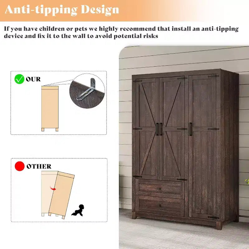 Armário de roupa estilo quinta AMERLIFE de 47 com 3 portas, 2 gavetas, varão para cabides e prateleiras ajustáveis, organizador de roupeiro independente