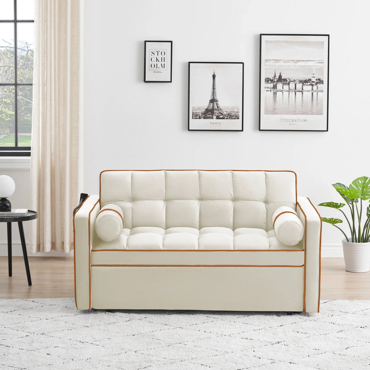 Aksamitna rozkładana sofa dwuosobowa 55'' z funkcją spania, regulowanym oparciem, kieszeniami bocznymi i uchwytem na telefon