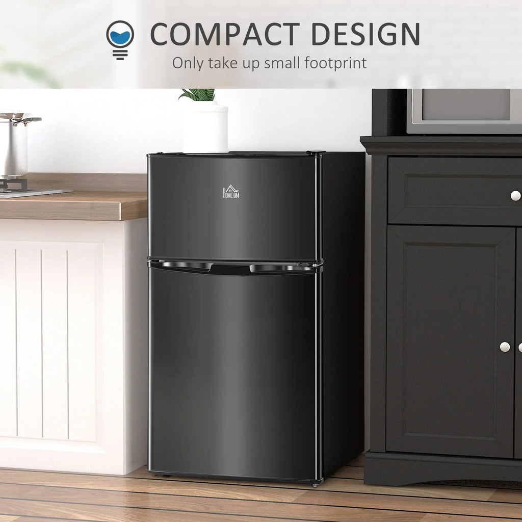 HOMCOM Mini-Kühlschrank mit Doppeltür und Gefrierfach, kompakter Kühlschrank mit 3,2 Kubikfuß Fassungsvermögen, verstellbarem Einlegeboden und verstellbarem Thermostat