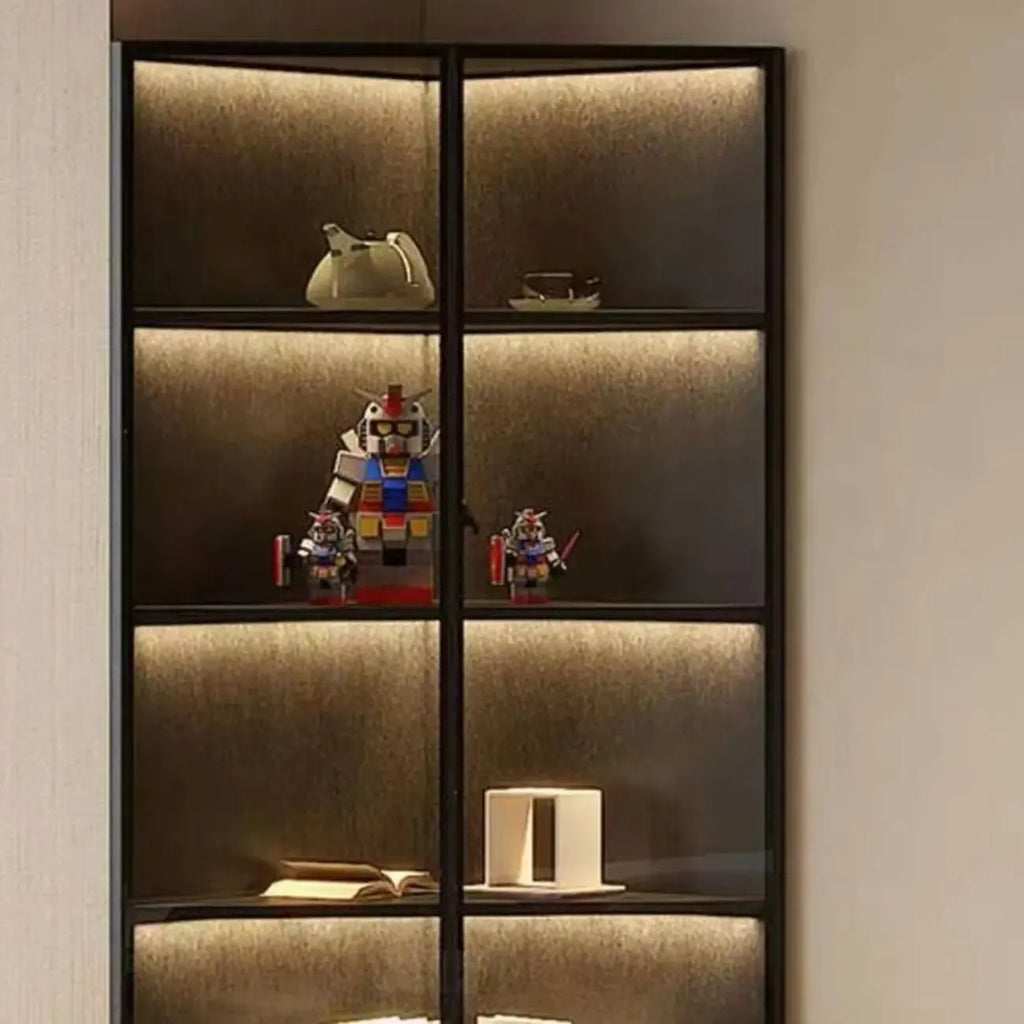 Vitrine de canto moderna em metal e madeira cinzenta com porta de vidro