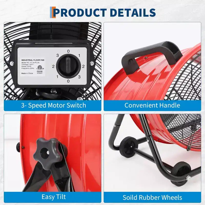 Bodenventilator, Industrieventilator – 24-Zoll-Hochleistungs-Trommelventilator mit 4 Geschwindigkeiten, Metall-Luftumwälzer für Lager, Werkstatt, Garage, Fabrik und Keller