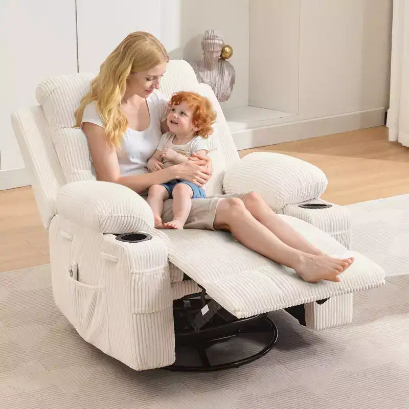 Obrotowy fotel bujany z funkcją masażu i podgrzewaniem, fotel typu glider 360° z uchwytami na kubki i bocznymi kieszeniami, ergonomiczna sofa wypoczynkowa do salonu, kampera, pokoju dziecięcego