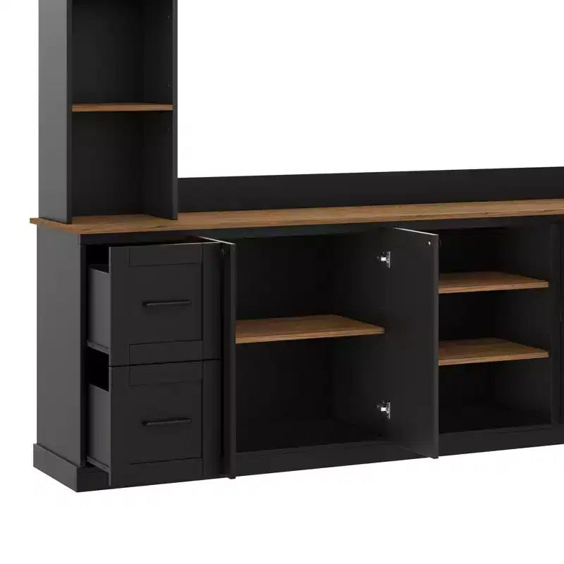 ModernLuxe 4-in-1-Farmhouse-Entertainment-Center als Wandeinheit, passend für Fernseher bis 70, TV-Ständer und Medienkonsole mit verstellbaren Regalen und Schubladen