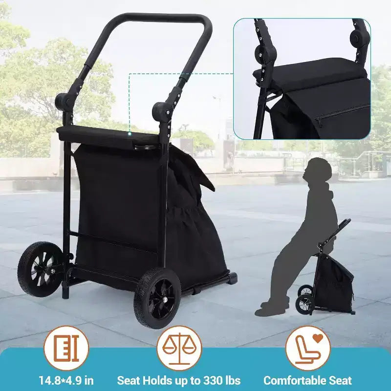 Carrello portapacchi pieghevole 2-in-1 Acekool con borsa impermeabile rimovibile, cuscino del sedile spesso e maniglia regolabile antiscivolo, nero